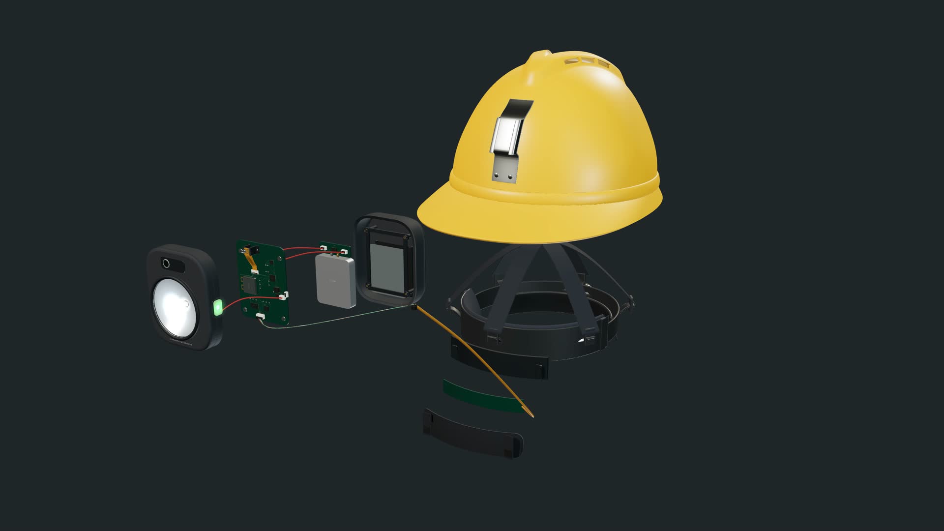 Exploded view of the helmet unit showing the front head, front electronics, shell, suspension and forehead contact sleeve.