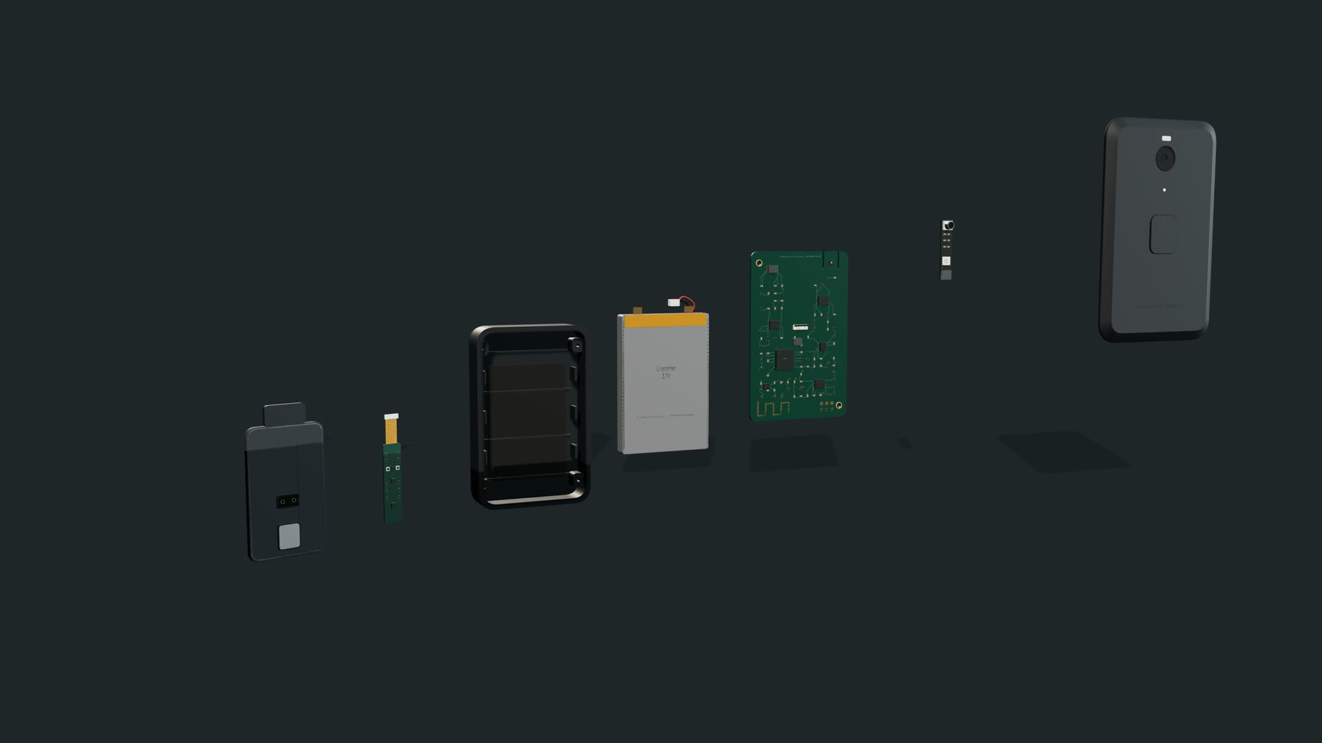 Exploded view of the lapel unit showing the rear housing and clamp, contact panel, battery, main electronics, dust sensor and front shell.